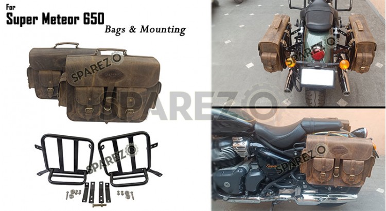 For Royal Enfield Super Meteor 650 Rusty Brown Pannier Bags Pair With Mountings - SPAREZO